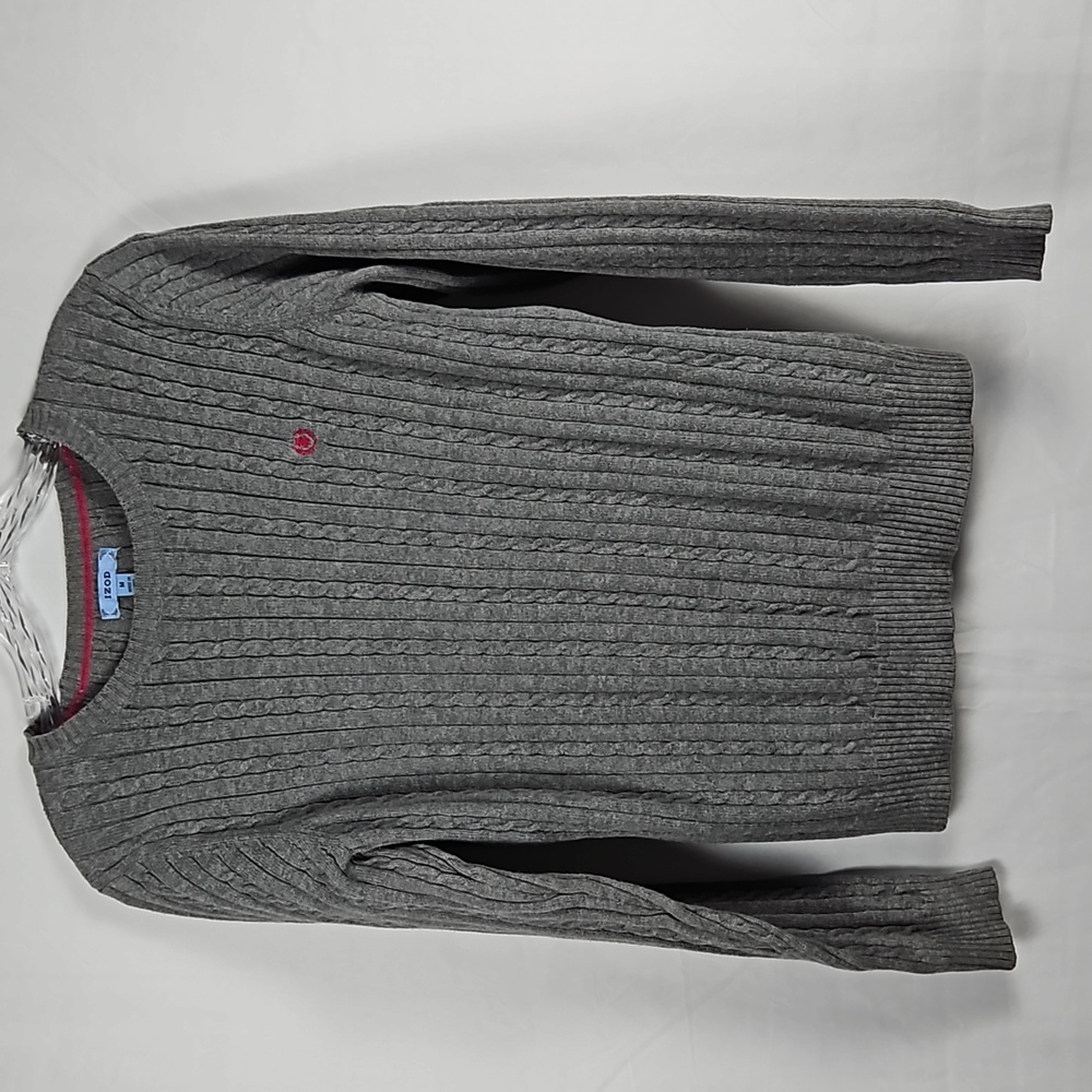 IZOD Women's Gray Medium Cable Knit Pullover Sweater Pink Crest Crew Neck T14